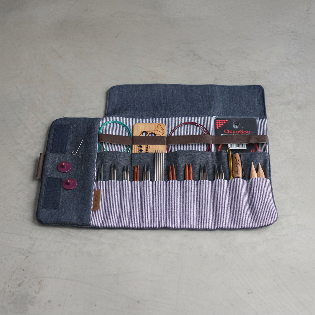Vue rapprochée de l'étui d'aiguilles denim bleu foncé ouvert — accessoires de tricot et crochet bien organisés, cadeau idéal pour tricoteuse, Jésabelle B. | Close-up of dark denim needle case open — knitting and crochet accessories neatly organized, ideal gift for knitters, Jésabelle B.