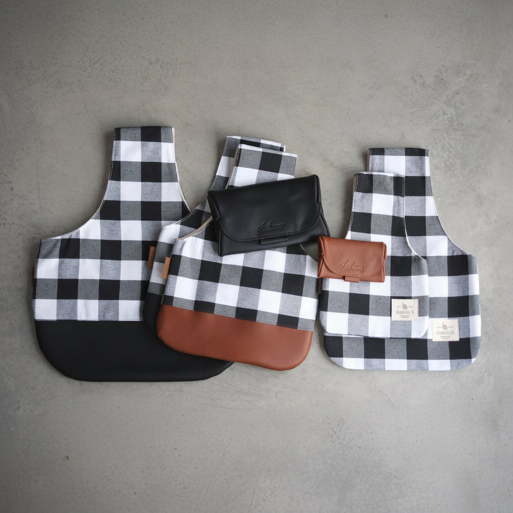 Top view of multiple sizes of knitting bag in buffalo plaid with or without brown or black leather bottoms