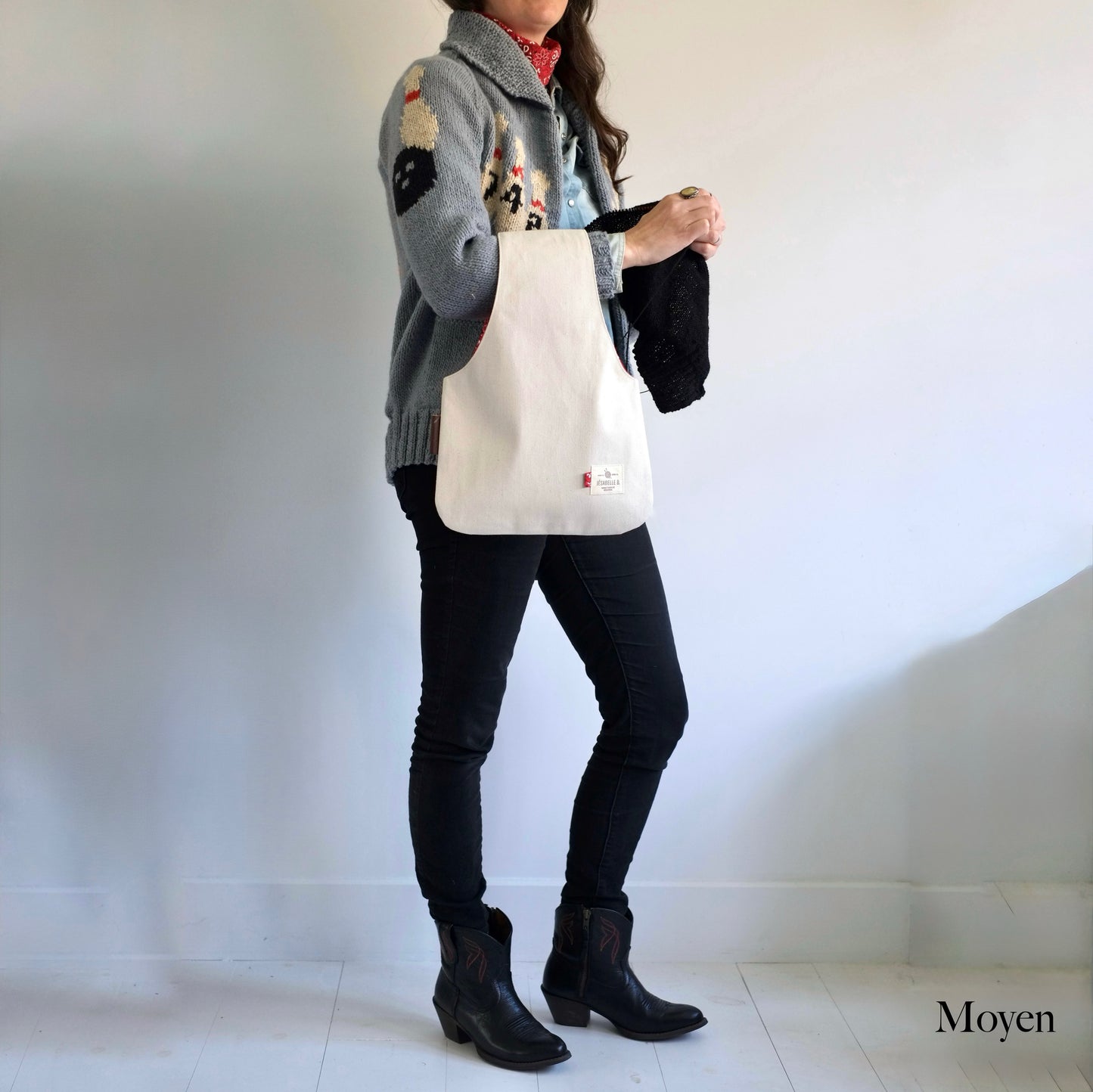 Sac à projet tricot format moyen en denim beige naturel — Medium beige denim knitting project bag, handmade Canada 