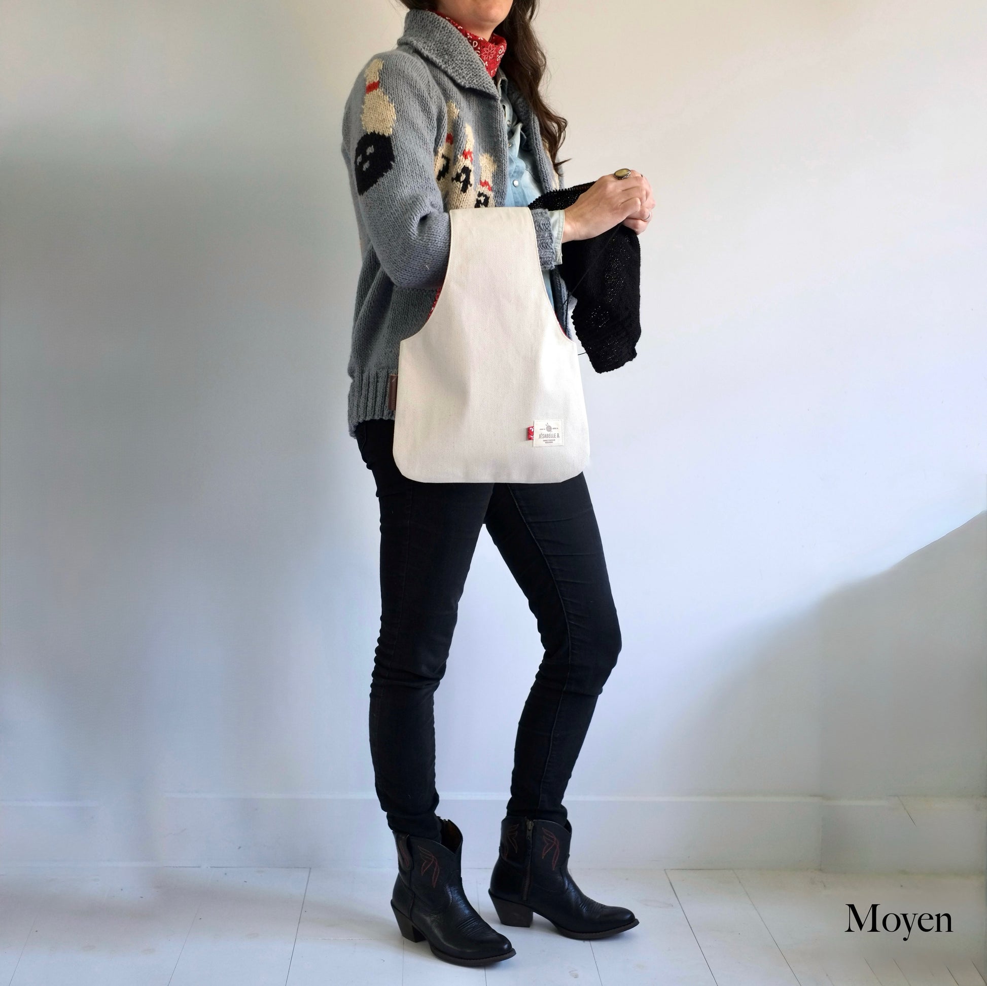 Sac à projet tricot format moyen en denim beige naturel — Medium beige denim knitting project bag, handmade Canada 