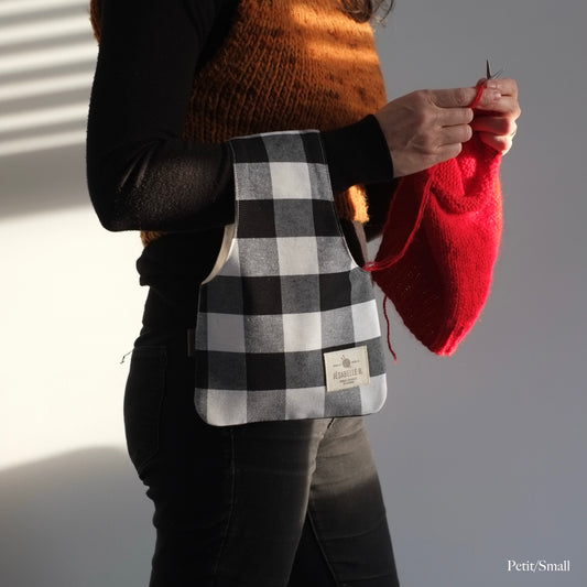 Mini yarn bag for sock knitting in black and white fabric, minimalist design