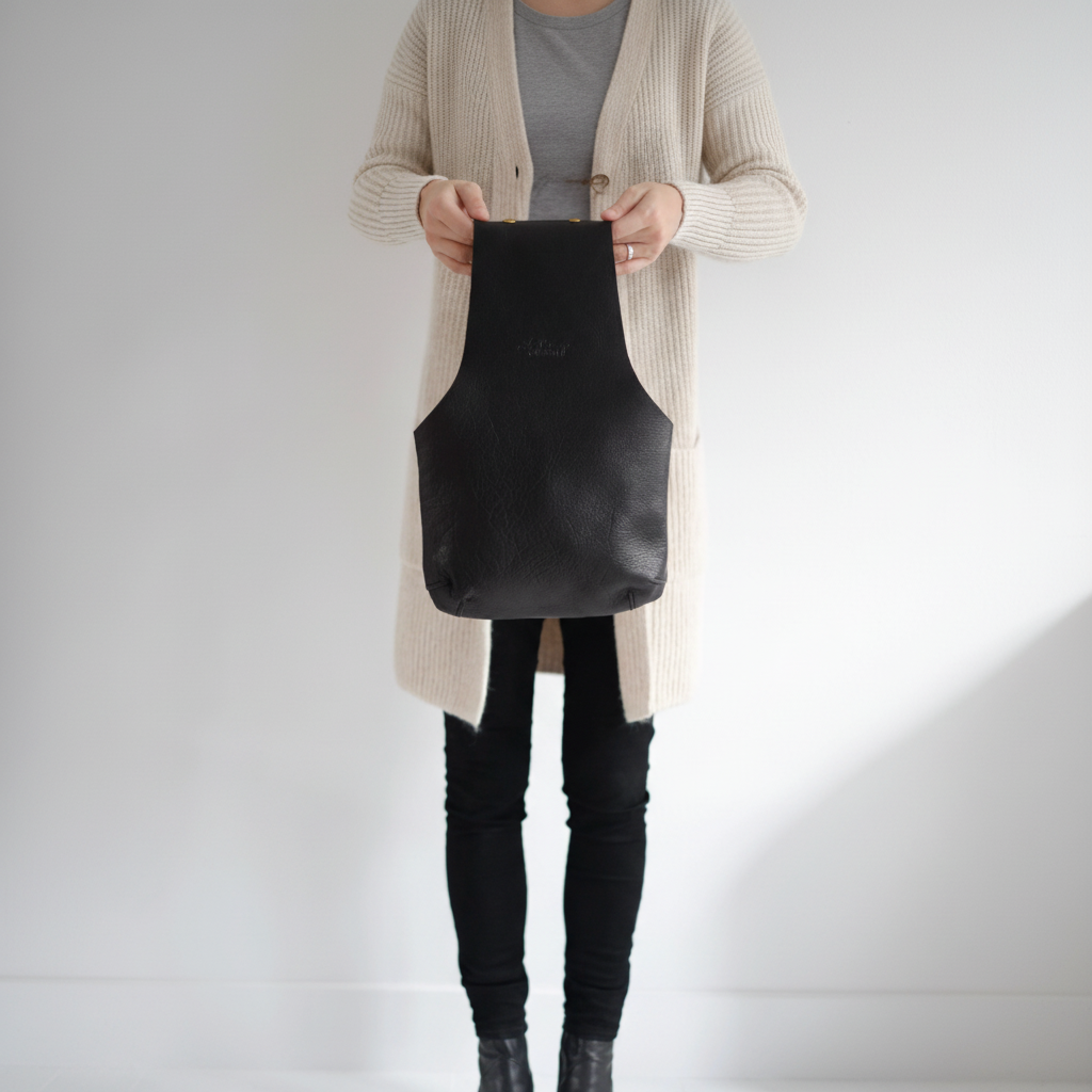 Black leather knitting bag shown front view in the hands of a knitter / Vu de face du sac de tricot en cuir noir dans les mains d'une tricoteuse