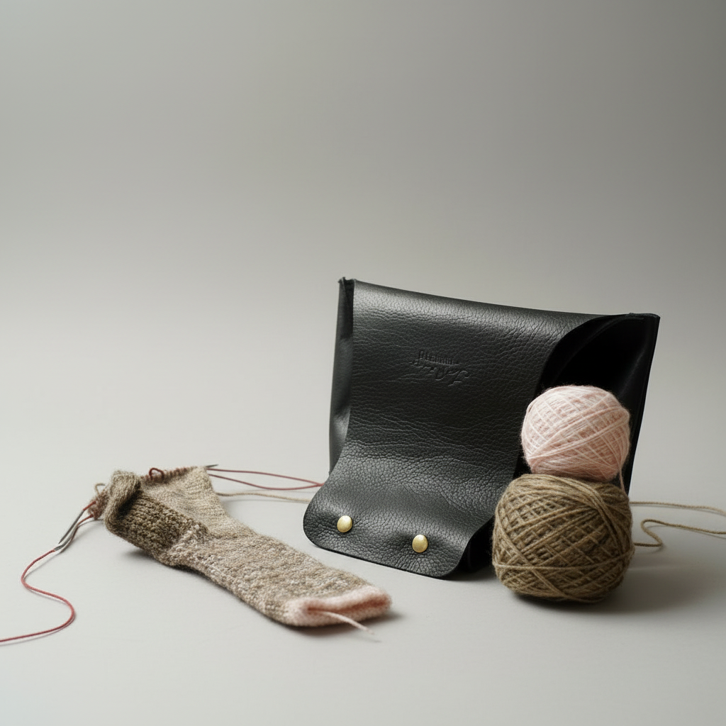Knitting pouch in black leather folded with a knitted sock in the making / Pochette de cuir noir pliée montrée avec sa chaussette en cours de tricot