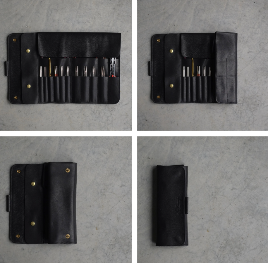 Steps to close black leather knitting needle case — easy and secure / Étapes de fermeture de l'étui en cuir noir pour aiguilles à tricoter — facile et sécuritaire
