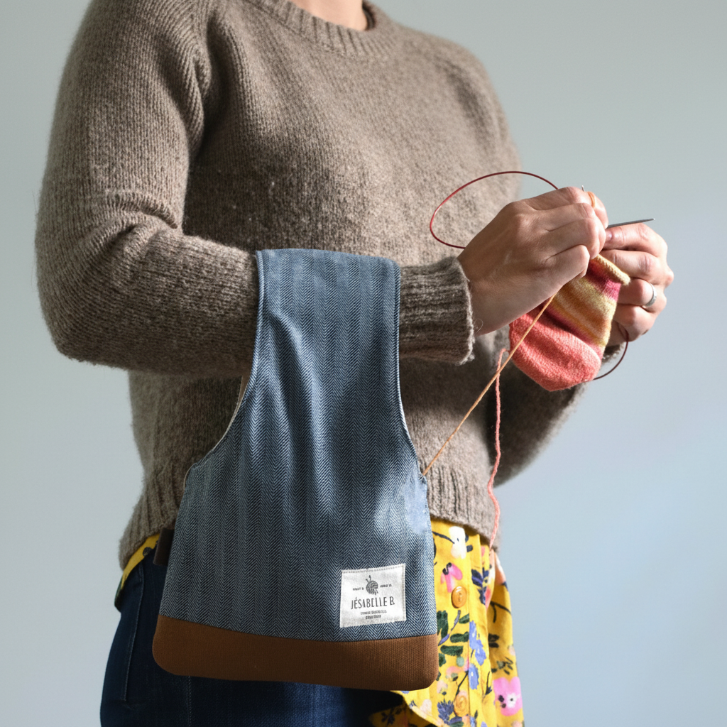 Yarn pouch in chevron denim and cognac canvas bottom for knitting on the go / Pochette de tricot en denim chevron et avec le fond en canevas cognac pour tricot ou crochet
