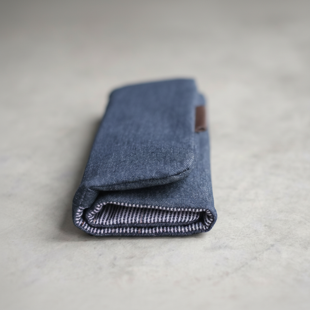 Gros plan sur le côté de l'étui d'aiguilles denim bleu foncé fermé — tissu rayé intérieur visible, format compact et portable, Jésabelle B. | Close-up of dark denim needle case side closed — striped interior fabric visible, compact and portable design, Jésabelle B.