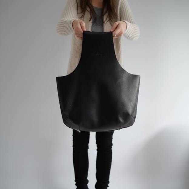 Knitter with large black leather  bag in hand / Tricoteuse avec le grand sac de tricot en cuir noir 