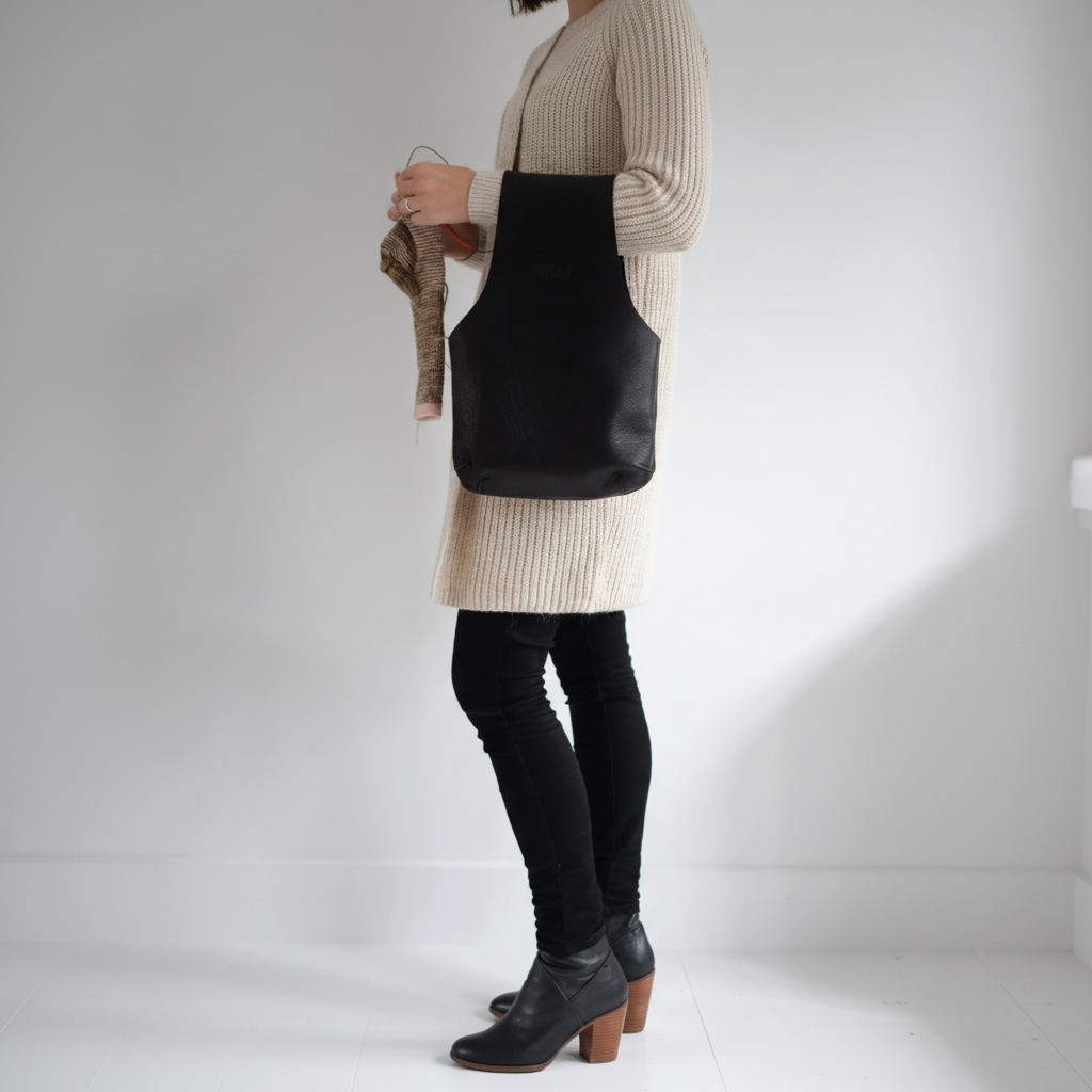 Side view of a stand knitter with the black leather knitting bag on the arm knitting / Vue de côté d'une tricoteuse de bout en train de tricoter une chaussette avec le sac au bras