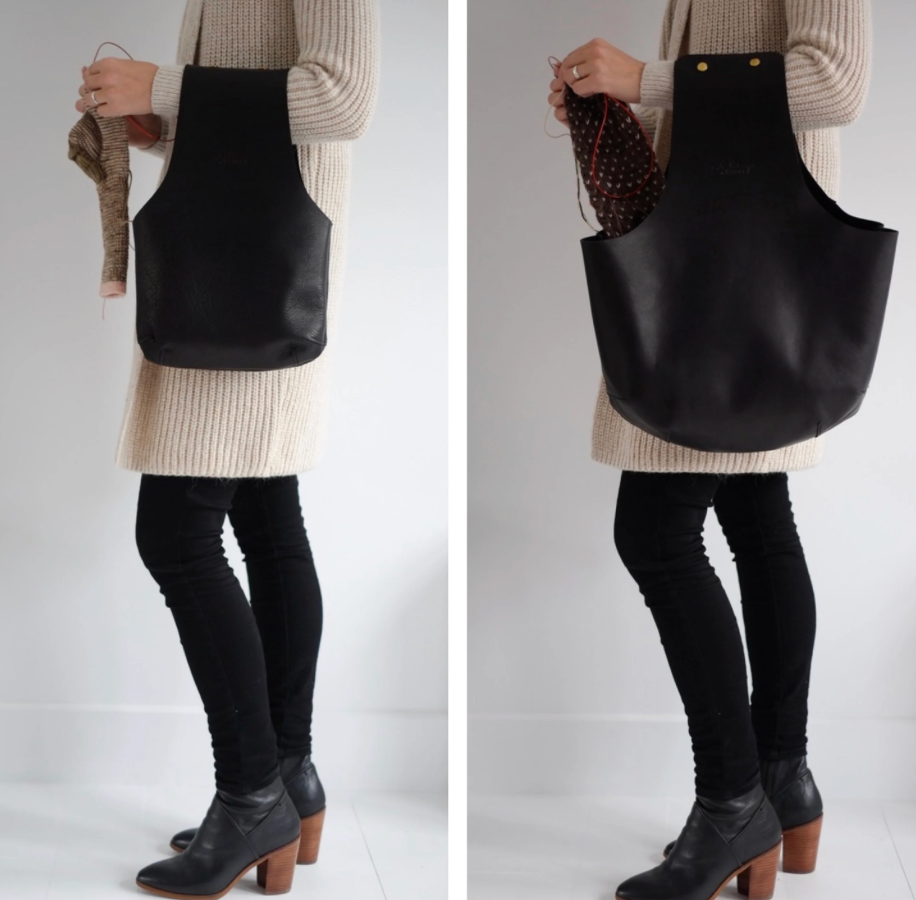 Comparaison of the medium and large leather knitting bag in action side by side / Comparaison entre le moyen et le grand sac de tricot en cuir noir en action