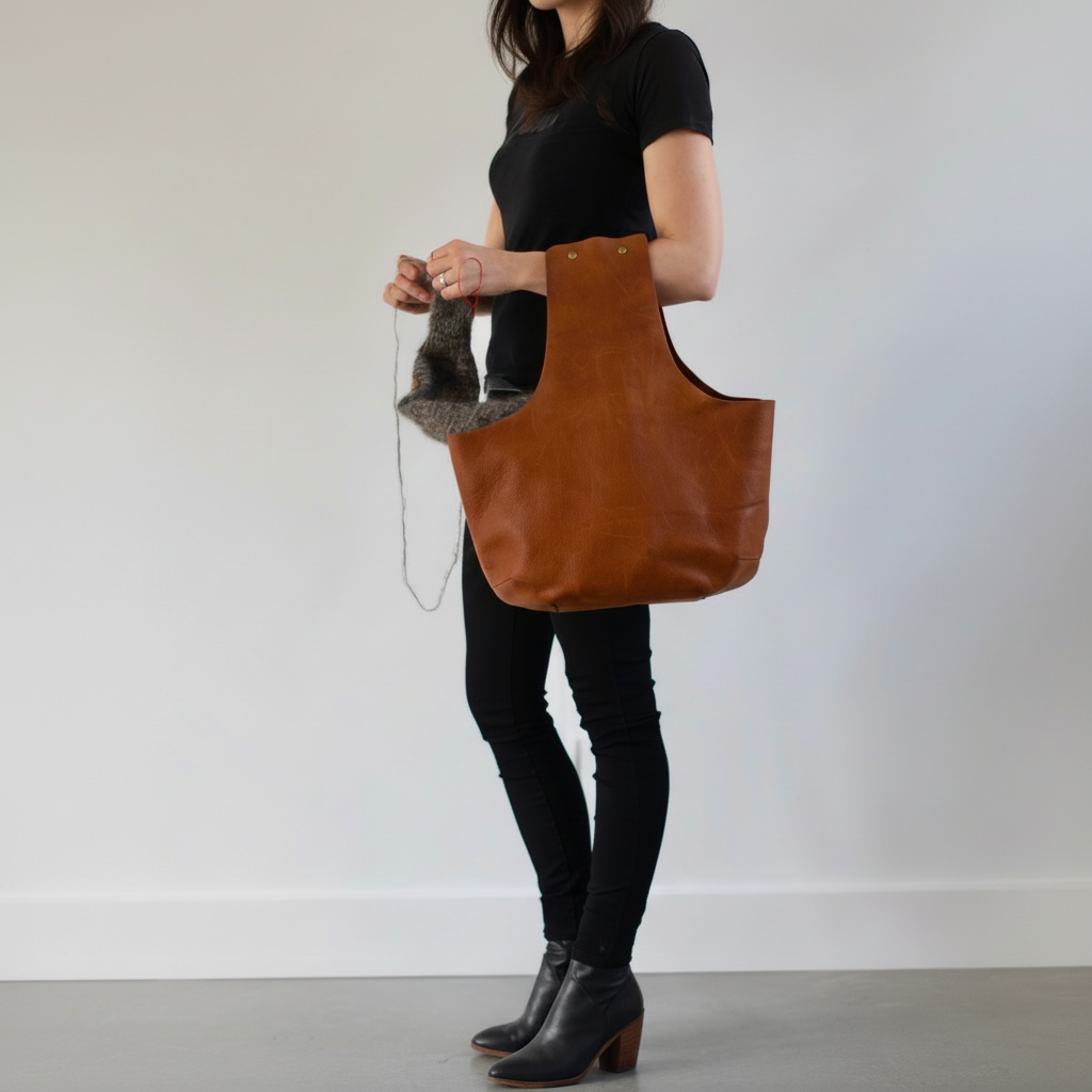 The best knitting bag ever made in brown leather for knitting on the go / Le meilleur sac de tricot fait en cuir brun pour le tricot sur le pouce